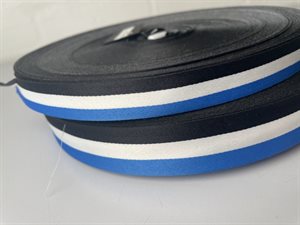 Satinvævet bånd - sort, hvid og blå stribe, 40 mm